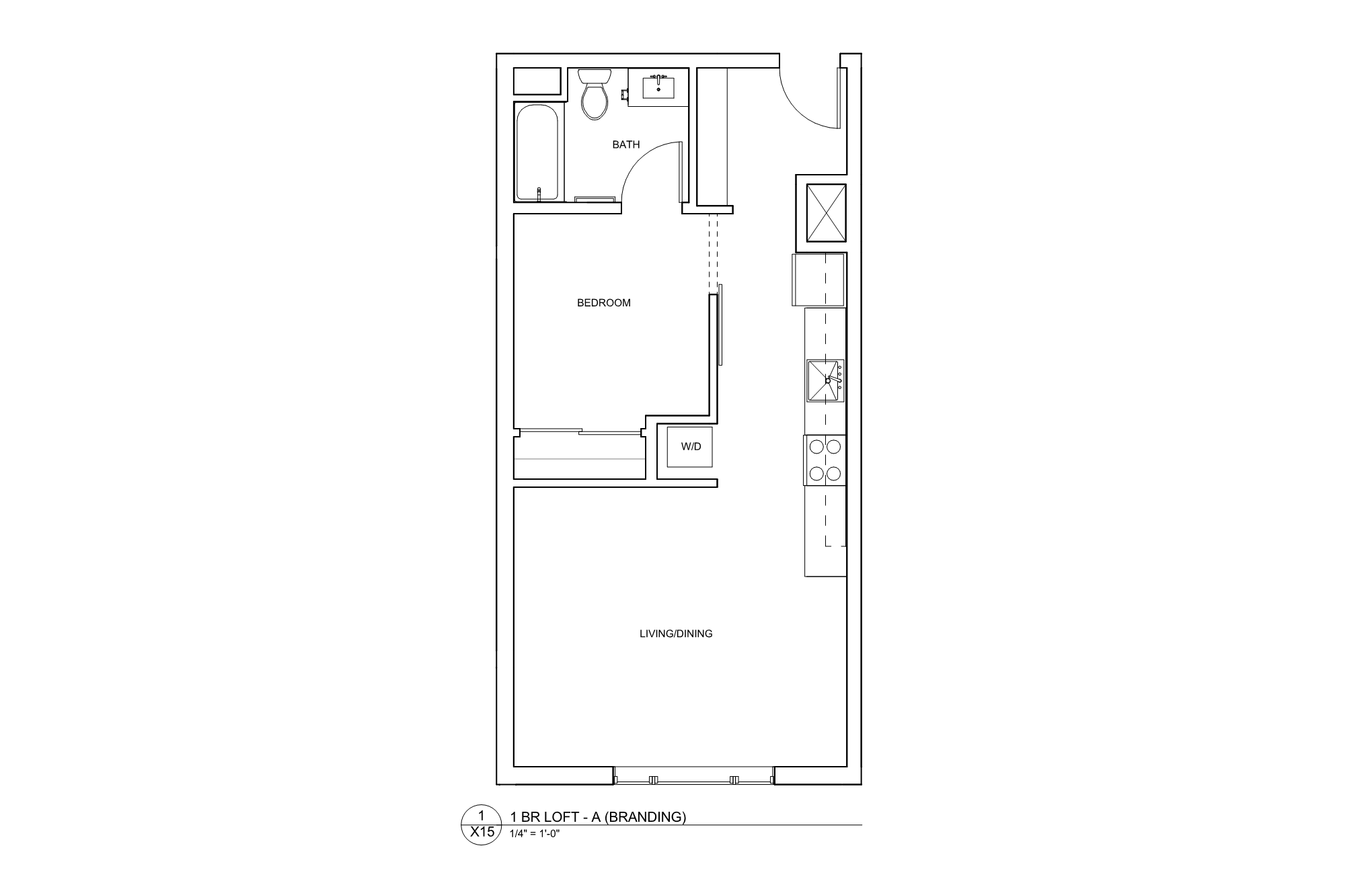 Floor plan for 1 bed, 1 bath, 633 sqft